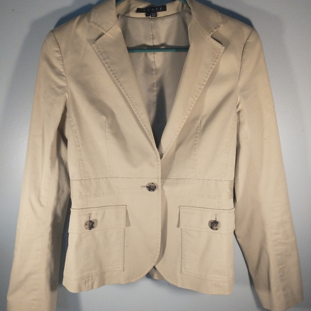 Theory Khaki Beige Jacket Womens Size 4 Safari One Button Pockets